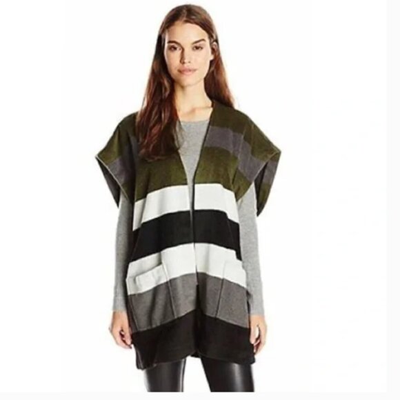 Lucky Brand Green White Black Striped Blanket Poncho Vest One Size - Picture 3 of 6